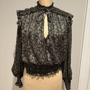 Elan Printed Ruffle Tie Neck Blouse